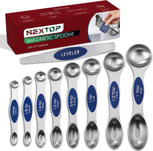 Magnetic Measuring Spoons Set of 9 Stainless Steel Dual-Sided Stackable Measuring Spoon Nesting Teaspoons Measuring Dry and Liquid Ingredients, Fits in Spice Jars Set of 9 (Sapphire)