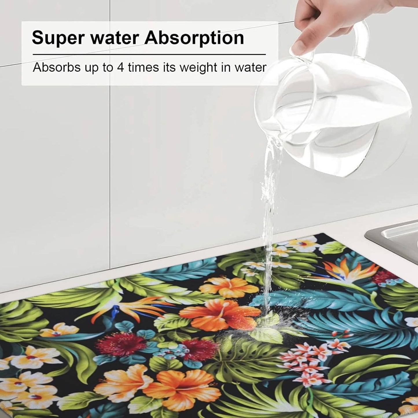 Orange Flowers Hawaii Dish Drying Mat for Kitchen Counter, Floral Flowery 18"x24" Blossom Coffee Bar Dish Drainer Rack Mats Coffee Pot Maker Accessories Decoration Dining Room Pet Feeding Mat Decor