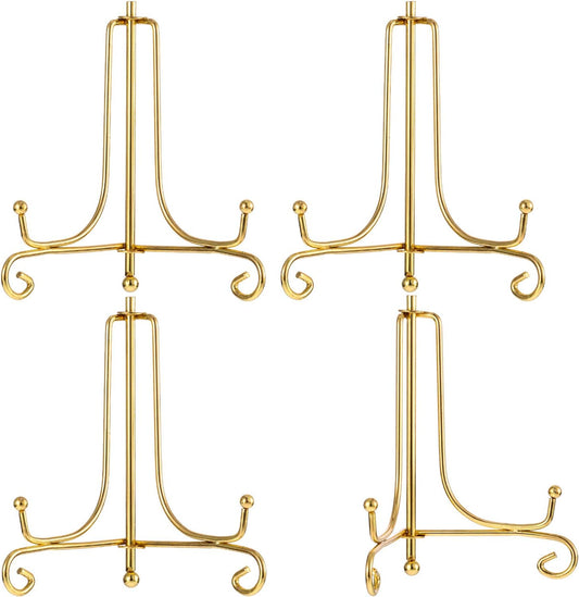Tatuo 4 Pack 4" Iron Display Stand Gold Small Iron Plate Stand Holder Easel for Plates, Picture, Photo, Decorative Displays Card, Cookie, Artwork for Home Decor, Wedding Centerpieces, Coffee Shop Menu