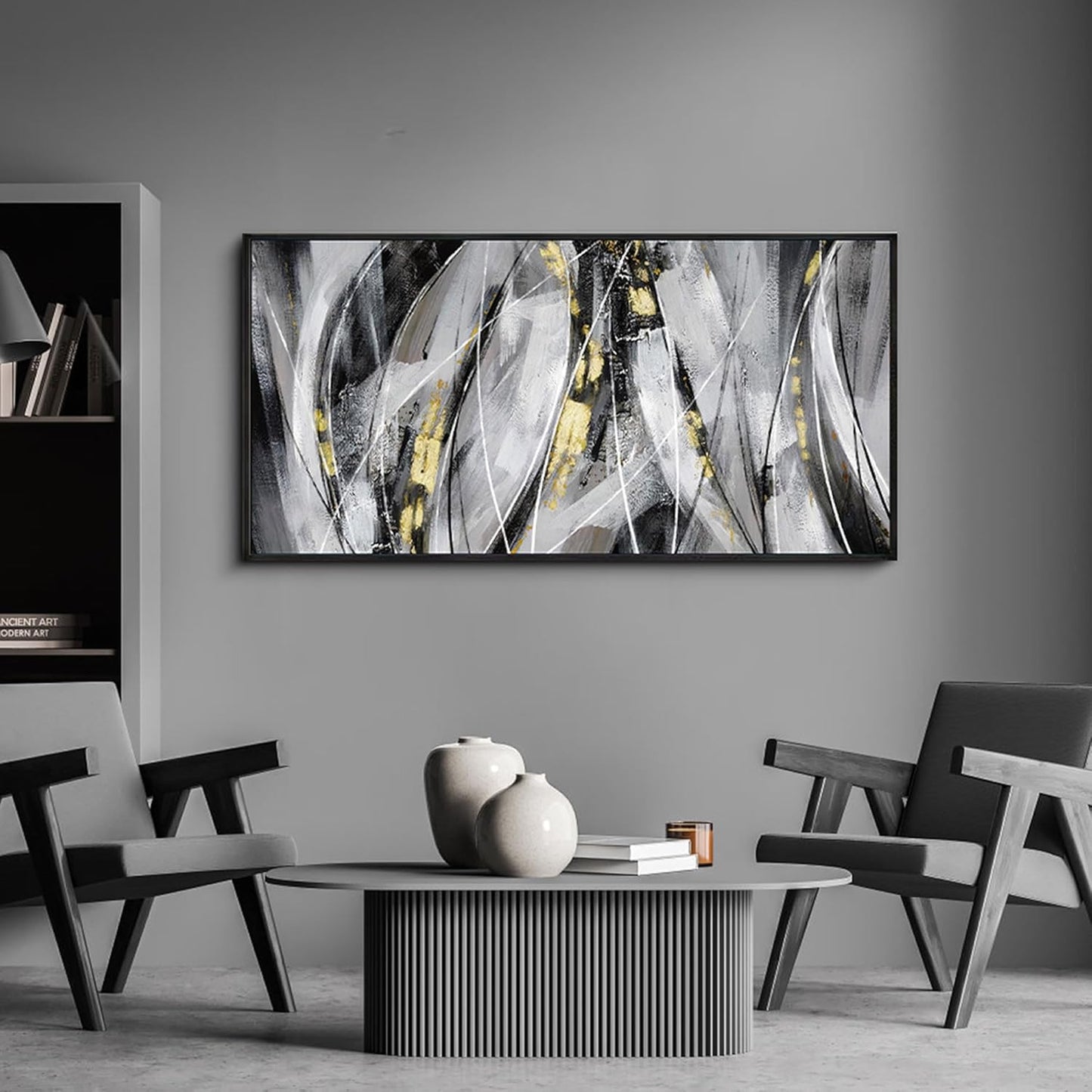 KLAKLA Abstract Frame Wall Art - Black and White Picture for Living Room Black and Gold Framed Artwork Canvas Art Work for Office Home Decor Bedroom Wall Decoration - 40x20 Inches