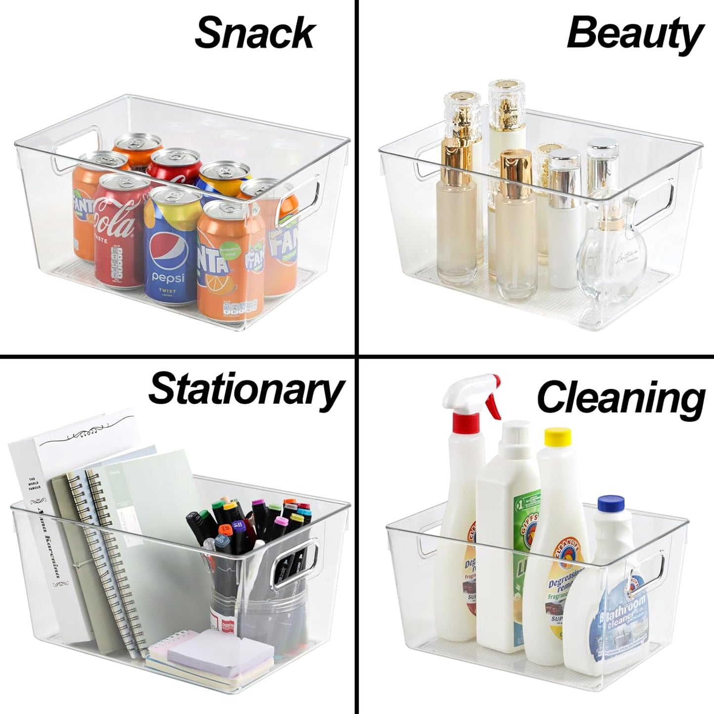 4pcs Clear Storage Bins Clear Storage Containers for Kitchen Pantry Organization, Organizing Bins with Built in Handles, Cabinet Organizers