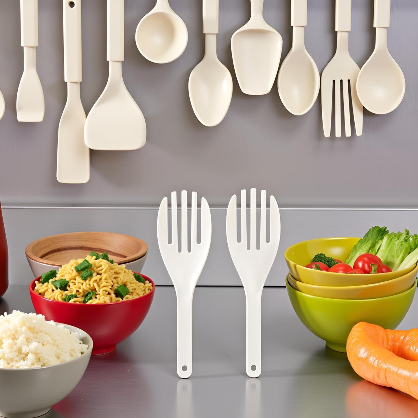 2Pcs White Jumbo Large Plastic Rice Paddle Spatula Scoop Fork-Like, 10.63" (27 cm) Long, Serving Spoons，Rice and Potato Servers, Home and Kitchen