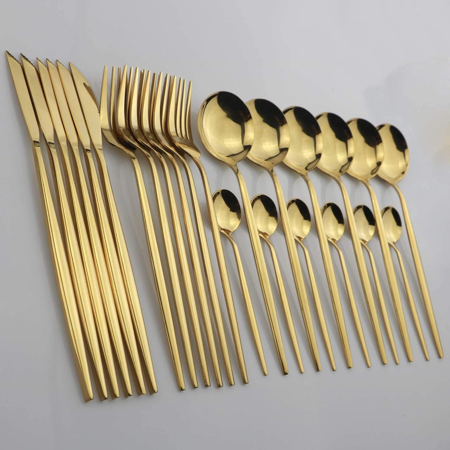 24-Piece Flatware Set, 18/0 Stainless Steel Knife Fork Spoon Teaspoon Silverware Set, Service for 6, MIrror Gold