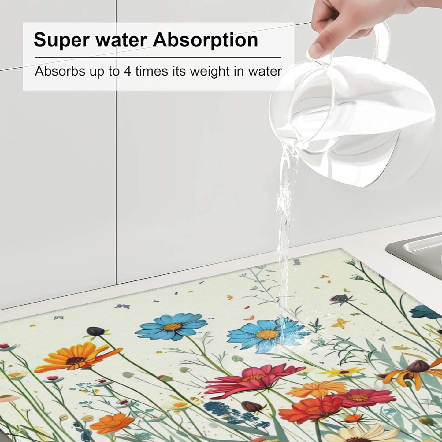 Butterfly Flowers Dish Drying Mat 16x18 Inch, Microfiber Absorbent Fast Dry Mat Daisy Floral Large Dish Mat Drying Kitchen Mat, Kitchen Drying Pad for Kitchen Counter Coffee Bar Decor Gifts