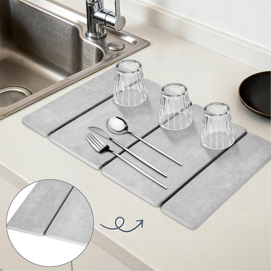 Stone Dish Drying Mat for Kitchen Counter，24x16 Collapsible Diatomaceous Earth Mats， Quick Drying Absorbent Dish Mat,Non-Slip Countertop & Bath Mat for Dishes Cups Bottles,Light Gray