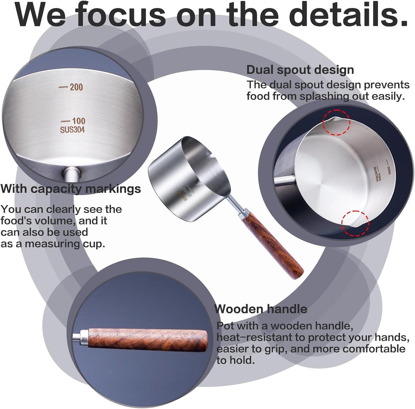 stainless steel mini pot - butter warmer, 8.5fl oz (250ml) coffee/milk warmer, mini sauce pan for coffee, ideal for seafood butter warmers,melting pot With dual spouts and wooden handle