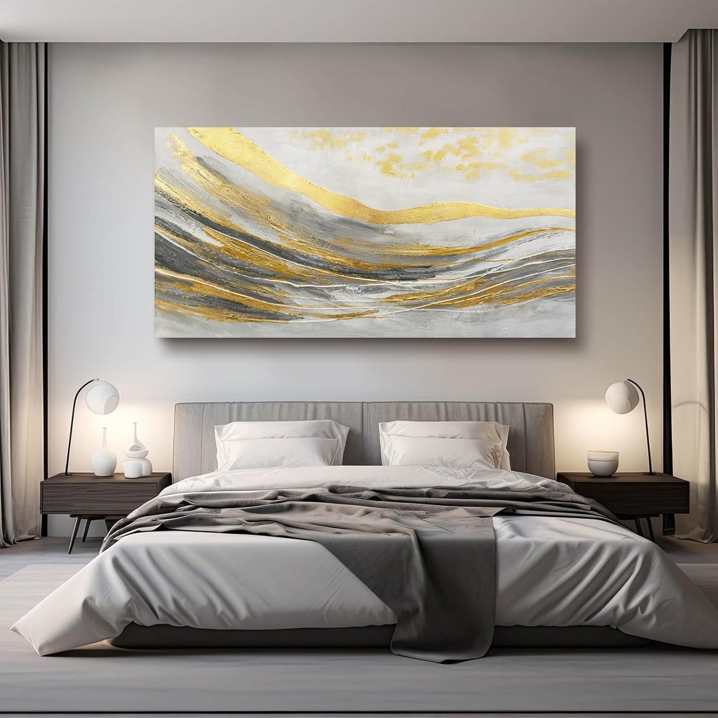 White Line Wall Paintings Modern Wall Art Gold Foil Photo Prints 29"x58" Large Dining Room Wall Decor Posters for Bedroom