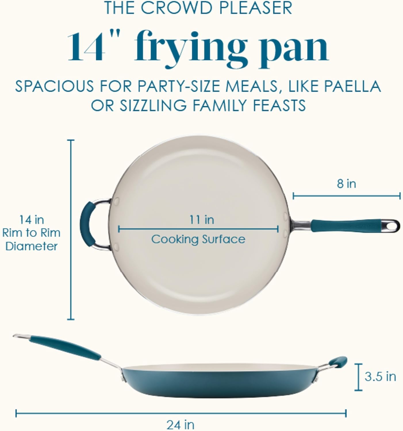 Rachael Ray Cucina Ceramic Nonstick Frying Pan/Skillet, Dishwasher Safe, 14 Inch Open Fry Pan - Marine Blue