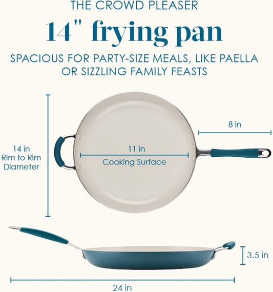 Rachael Ray Cucina Ceramic Nonstick Frying Pan/Skillet, Dishwasher Safe, 14 Inch Open Fry Pan - Marine Blue