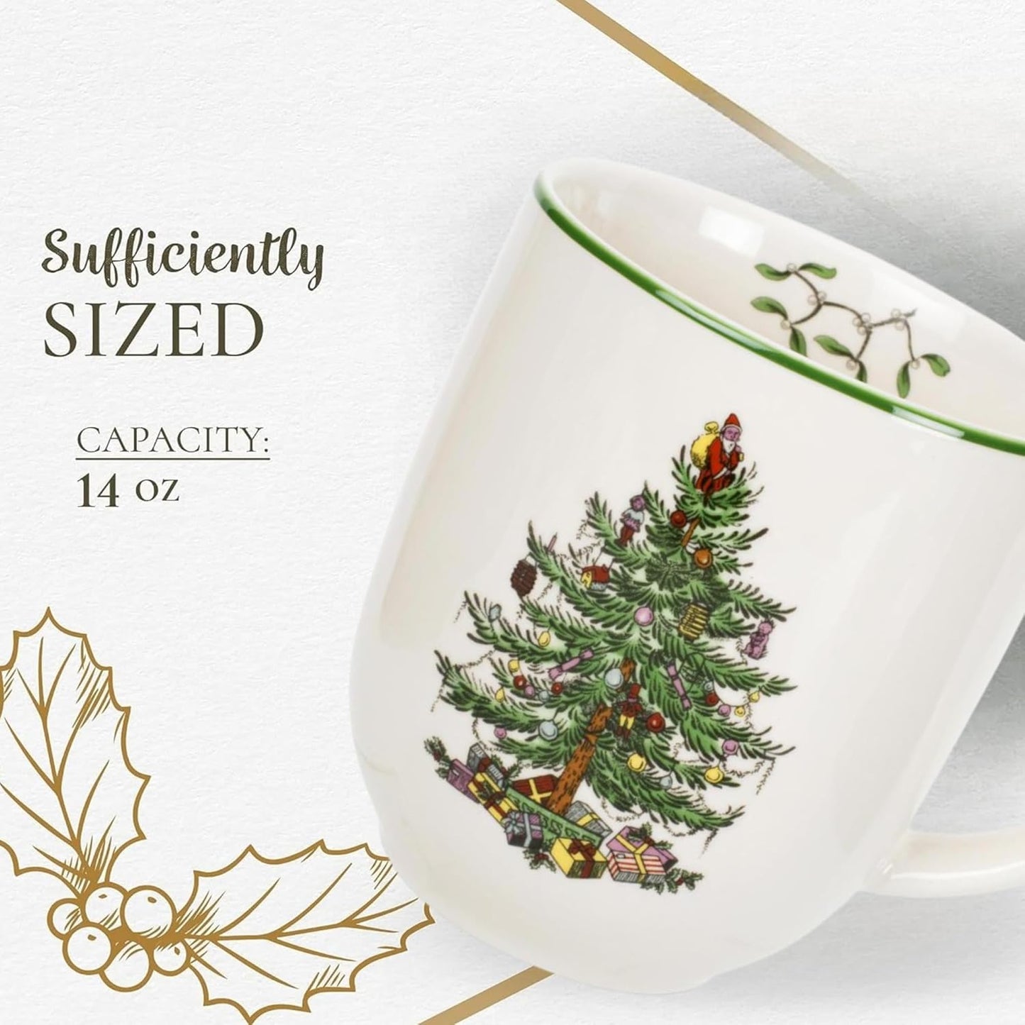 Spode Christmas Tree Cafe Mug (Set of 4) - 14 Oz Ceramic Holiday Coffee Mugs for Tea, Hot Chocolate, Lattes - Festive Design with Santa and Christmas Tree Motif - Microwave & Dishwasher Safe