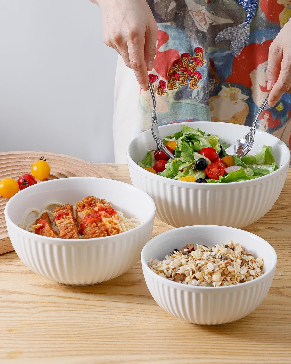 Hasense Ceramic Ribbed Nesting White Bowls 1.5/1/0.5 Qt For Kitchen, Cooking, Baking and Serving Salad Bowls for Pasta, Small Mixing Bowls of 3, Modern Space Saving Dishes for Kitchen