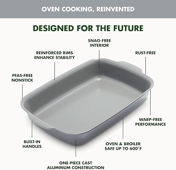 GreenPan Premiere Ovenware Healthy Ceramic Nonstick 13" x 9" Rectangular Baking Pan, Cast Aluminum Bakeware, Warp-Free, Oven and Broiler safe to 600F,Dishwasher Safe, PFAS-Free, Gray