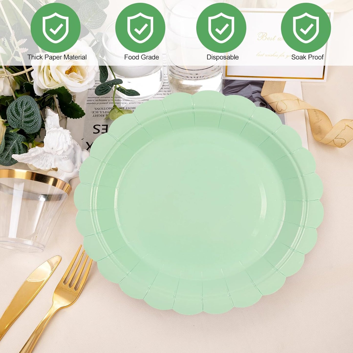50Pcs Mint Green Paper Plates-7 Inch Solid Color Scalloped Disposable Birthday Dinnerware Set Disposable Dinner Party Supplies for Wedding Baby Shower Table Decor Pininc Fall Party Decor