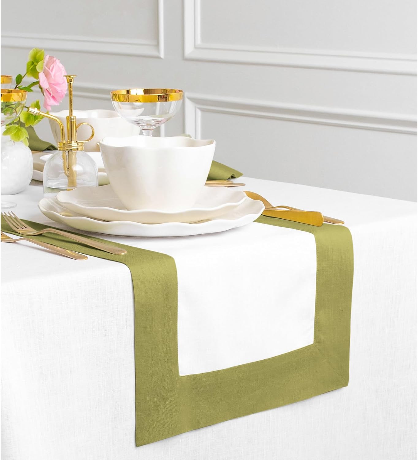 Solino Home Linen Table Runner 48 Inches - 100% Pure Linen Avocado and White Small Table Runner 14 x 48 Inch Ideal for Dresser and Coffee Tables - Fall, Autumn, Thanksgiving - Contempo