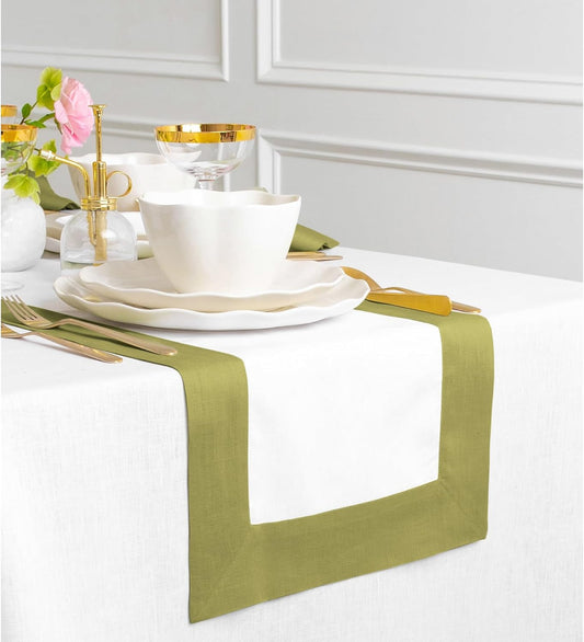 Solino Home Linen Table Runner 90 Inches Long - 100% Pure Linen Avocado and White Dining Table Runner 14 x 90 Inch for Fall, Autumn, Thanksgiving - Contempo