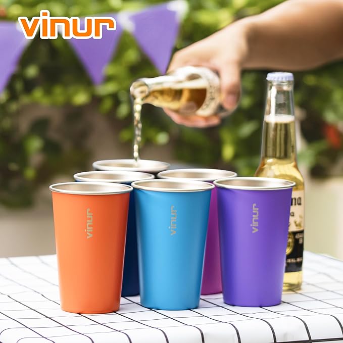 VINUR 4 Pack Stainless Steel Cups 16 oz Pint Tumbler Stackable Metal Drinking Glasses for Travel, Camping, Outdoors (Baby Blue-Navy-Teal-Purple)
