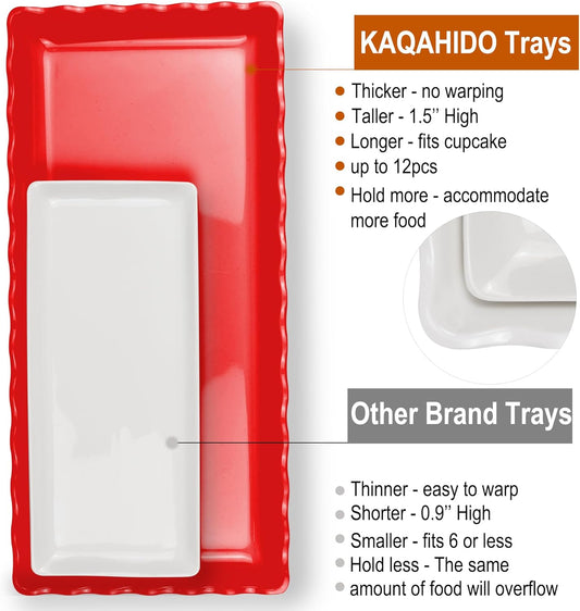 KAQAHIDO 17" x 8" x 1.5" Red Serving Tray Set, Wave Edge Melamine Platters for Cookie, Appetizer, Charcuterie, Snack, Dessert, Party Food Display, Stackable, Set of 2