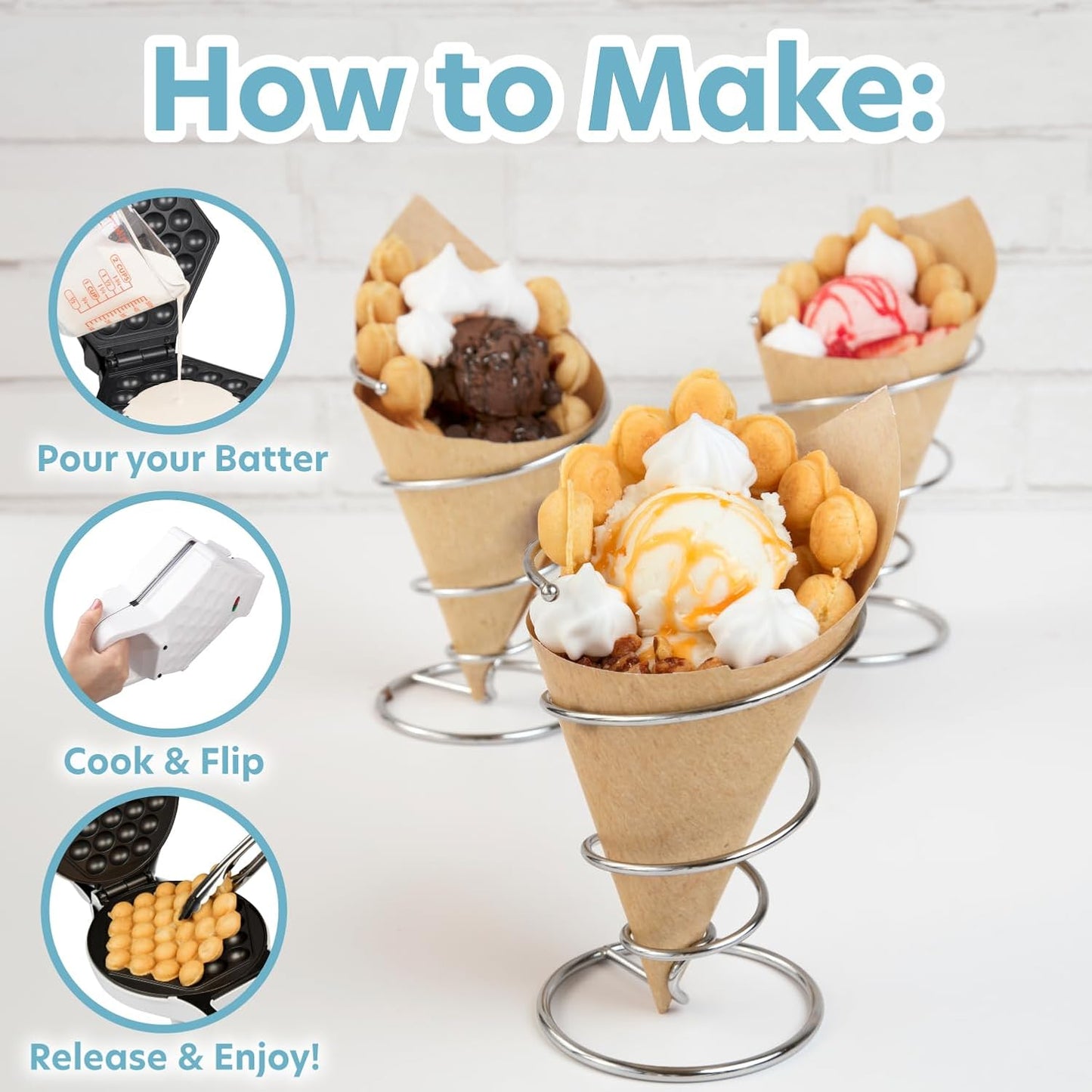 Bubble Waffle Maker- Electric Nonstick Hong Kong Egg Waffler Iron Griddle w Ready Indicator Light- Ready in under 5 Mins w Recipe Guide- Homemade DIY Ice Cream Cones- Special Breakfast, Dessert Gift