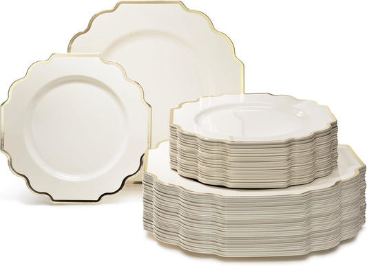 " OCCASIONS " 120 Plates Pack,(60 Guests) Heavyweight Wedding Party Disposable Plastic Plates Set -60 x 10.5'' Dinner + 60 x 8'' Salad/Dessert Plate (Imperial Ivory & Gold)