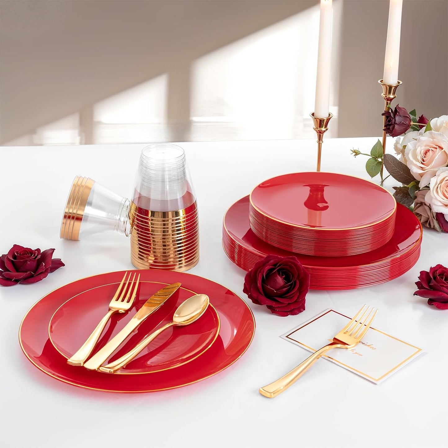 NOCCUR 350PCS Red Plastic Plates - Disposable Red Gold Dinnerware Set for 50 Guests, 100 Dinner/Dessert Plates, 150 Gold Silverware, 50 Cups&50 Napkins for Party/Wedding/Birthday/Christmas