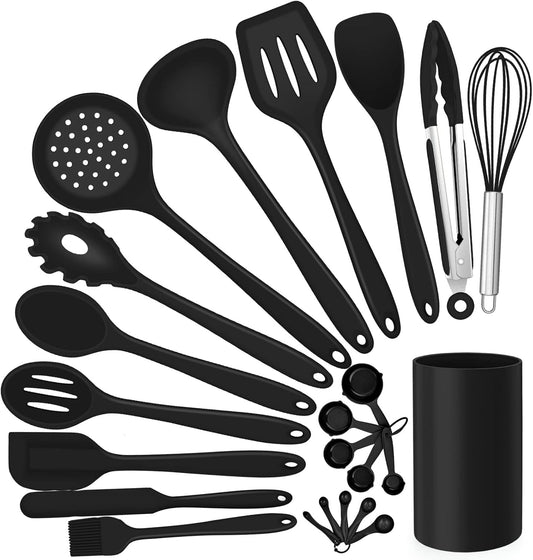 Silicone Kitchen Utensils Set, E-far 23 Pcs Black Cooking Utensils Tools with Holder for Nonstick Cookware, Include Spatula/Spoon/Ladle/Tongs/Turner, Heat Resistant & Nontoxic, Dishwasher Safe