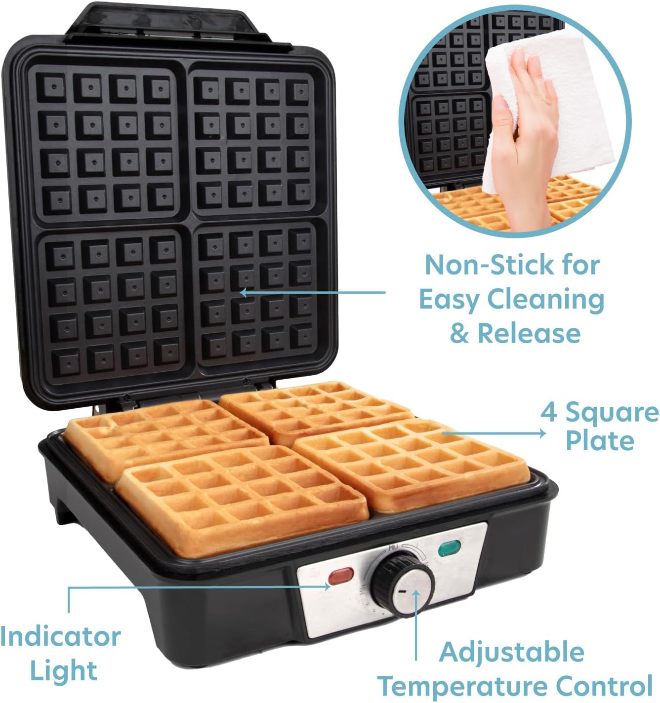 CucinaPro Four Square Belgian Waffle Maker, Extra Large Stainless Steel Kitchen Appliance w Nonstick Waffler Iron Plates Makes 4 Fluffy Waffles, Great Griddle for Family Holiday Breakfast or Xmas Gift