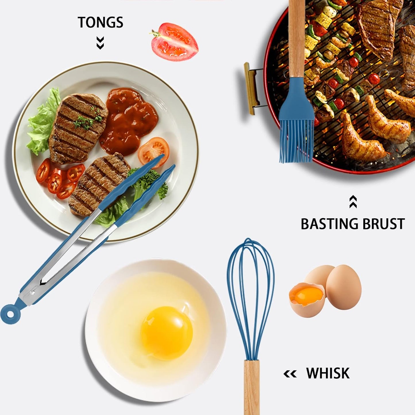 MIBOTE 17 Pcs Silicone Cooking Kitchen Utensils Set with Holder, Wooden Handles BPA Free Silicone Turner Tongs Spatula Spoon Kitchen Gadgets Utensil Set for Nonstick Cookware (Blue)