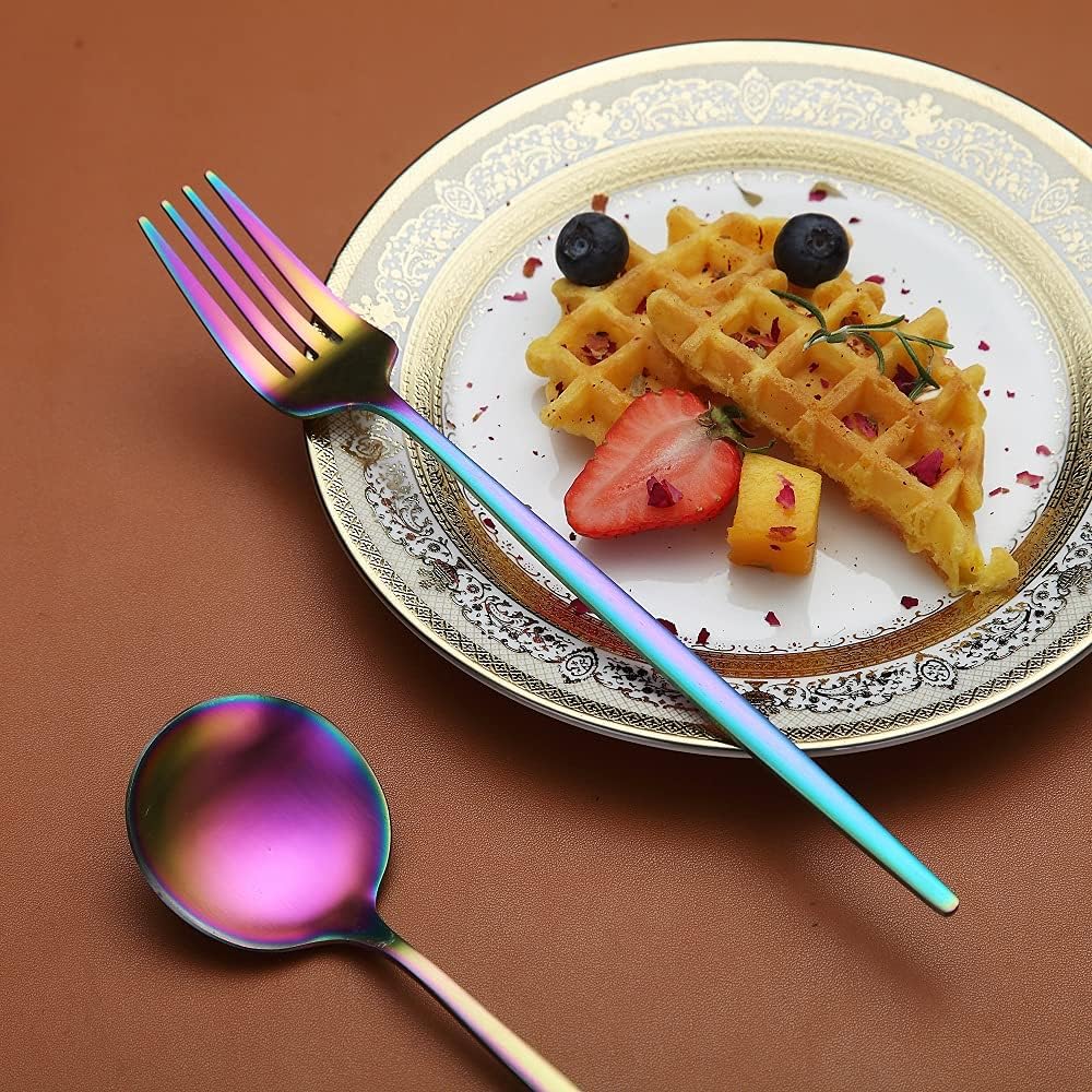 Matte Rainbow Flatware Set 40 Pieces, Stainless Steel Colorful Silverware Set, Titanium Plating Matte Rainbow Cutlery Set, Matte Rainbow Utensil Sets, Service Set for 8 (Matte Rainbow)