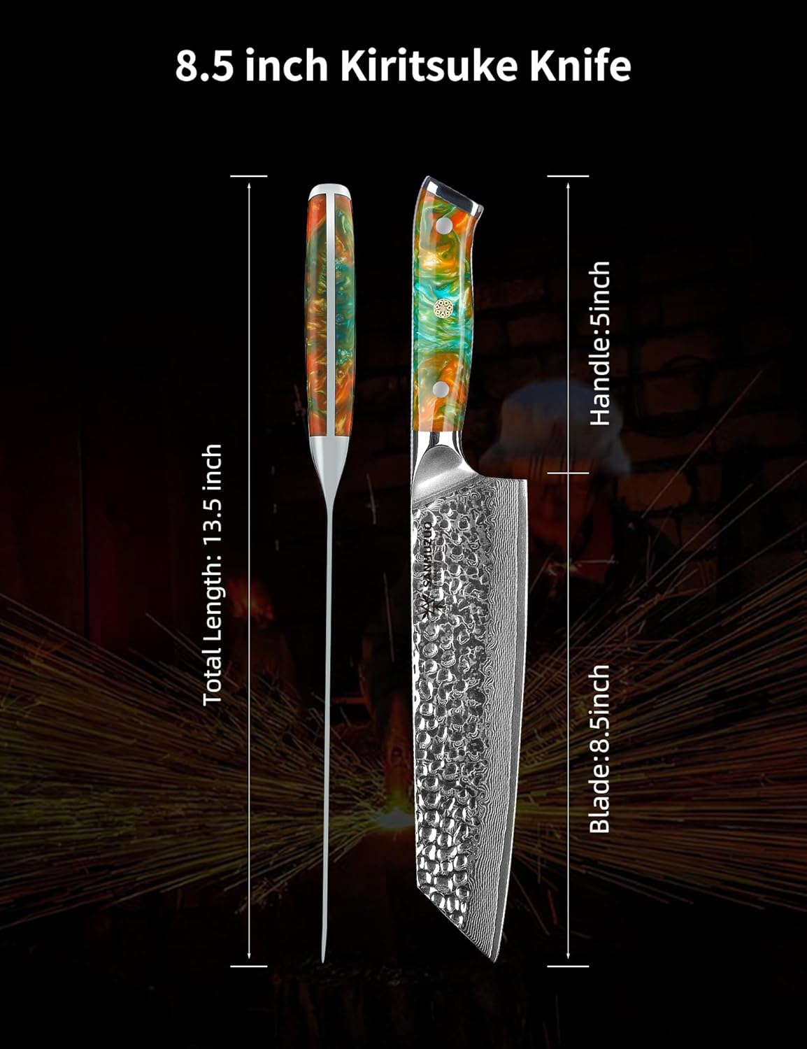 8.5" Kiritsuke Knife - Professional Kitchen Chef Knife - Hammered Damascus Steel & Resin Handle - YAO Series