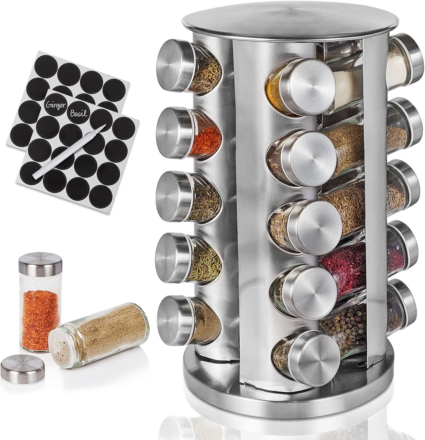 Baker Boutique Spice Rack, Spice Organizer for Countertop, Empty 20-Jars Rotating rack, Spinning flavoring Rack Shelf, Revolving Rack for Kitchen (Silver)