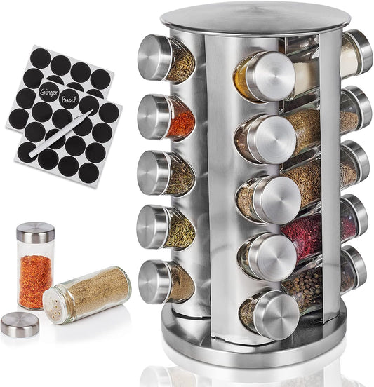 Baker Boutique Spice Rack, Spice Organizer for Countertop, Empty 20-Jars Rotating rack, Spinning flavoring Rack Shelf, Revolving Rack for Kitchen (Silver)