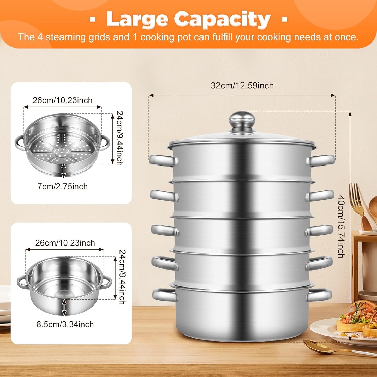Stainless Steel Steamer Pot 5 Tier 26cm, Food Steamer Steam Pots With Lid, Steam Pots For Cooking Vegetables Dumpling Seafood Soups Stews Pasta