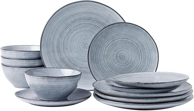 famiware Plates and Bowls Sets for 4, 12 Pieces Stoneware Dinnerware Sets, Dishes Set, Reactive Glaze Dishware Sets, Dishwasher & Microwave Safe, Tempus Series - Pearl Blue