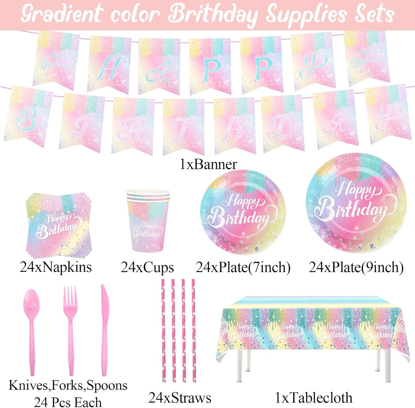 Rainbow Birthday Plates Napkins Sets Pink Birthday Party Supplies Glitter Diamond Plates,Rose Gold Disposable Birthdays Dinnerware Sets Unicorn Girls Party Plates with Tablecloth Cup Banner Serve 24