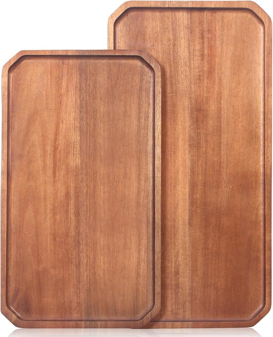 Large Acacia Wood Serving Platters - Wooden Charcuterie Boards, Decorative Platter for Fruit, Food, Cheese - Rectangle Plate Kitchen Counter Tray