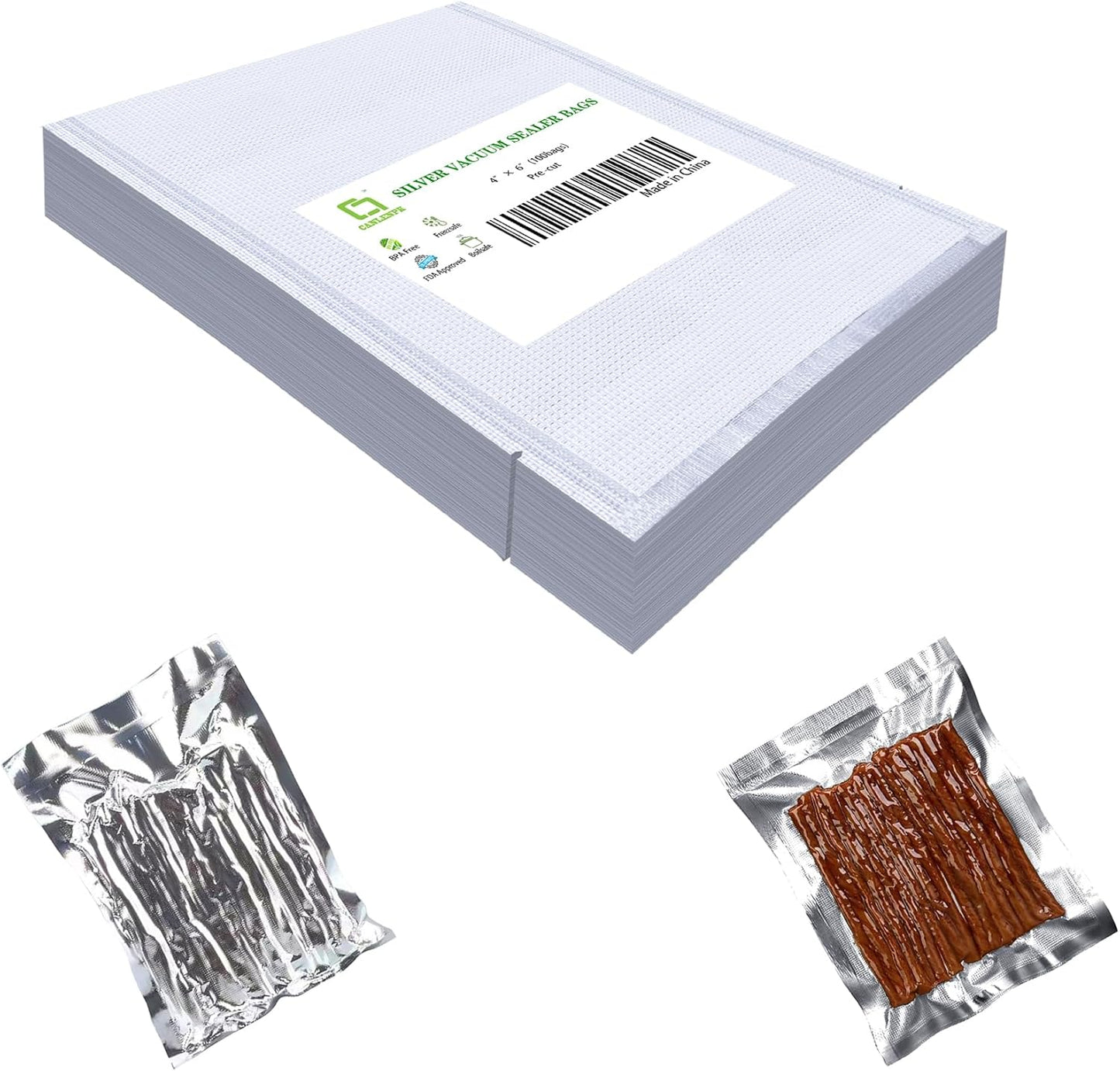 CANLENPK 4x6Inch/10x15cm Small Silver Back and Clear Front Vacuum Sealer Bags,Food Storage Bag,Seal Meal Snack Fruit Nut,Boil Steam Heat Freeze,Commercial Grade Heavy Duty Sealable Bags (100PCS)