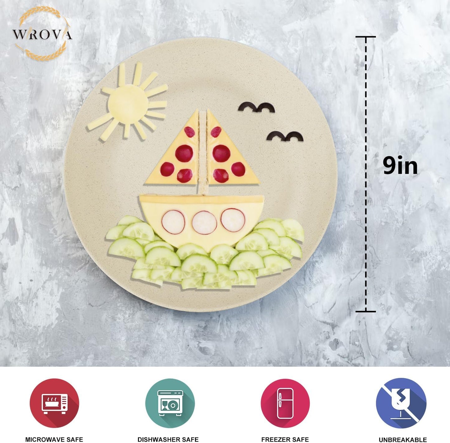 Wrova Wheat Straw Dinner Plates 9 Inch Unbreakable Set of 8 - Dishwasher & Microwave Safe Plastic Plates Reusable - Lightweight Plates for kitchen,camping,salad,appetizer - Beige