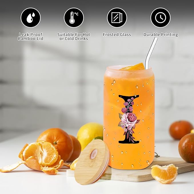 Monogrammed Glass Drinking Cup With Lid Straw Women Thank you Appreciation Gratitude Gifts Female Teacher End of Year School Bus Driver Nurse Pastor Team Mom Coach Crossing Guard Scout Leader Doctor,I