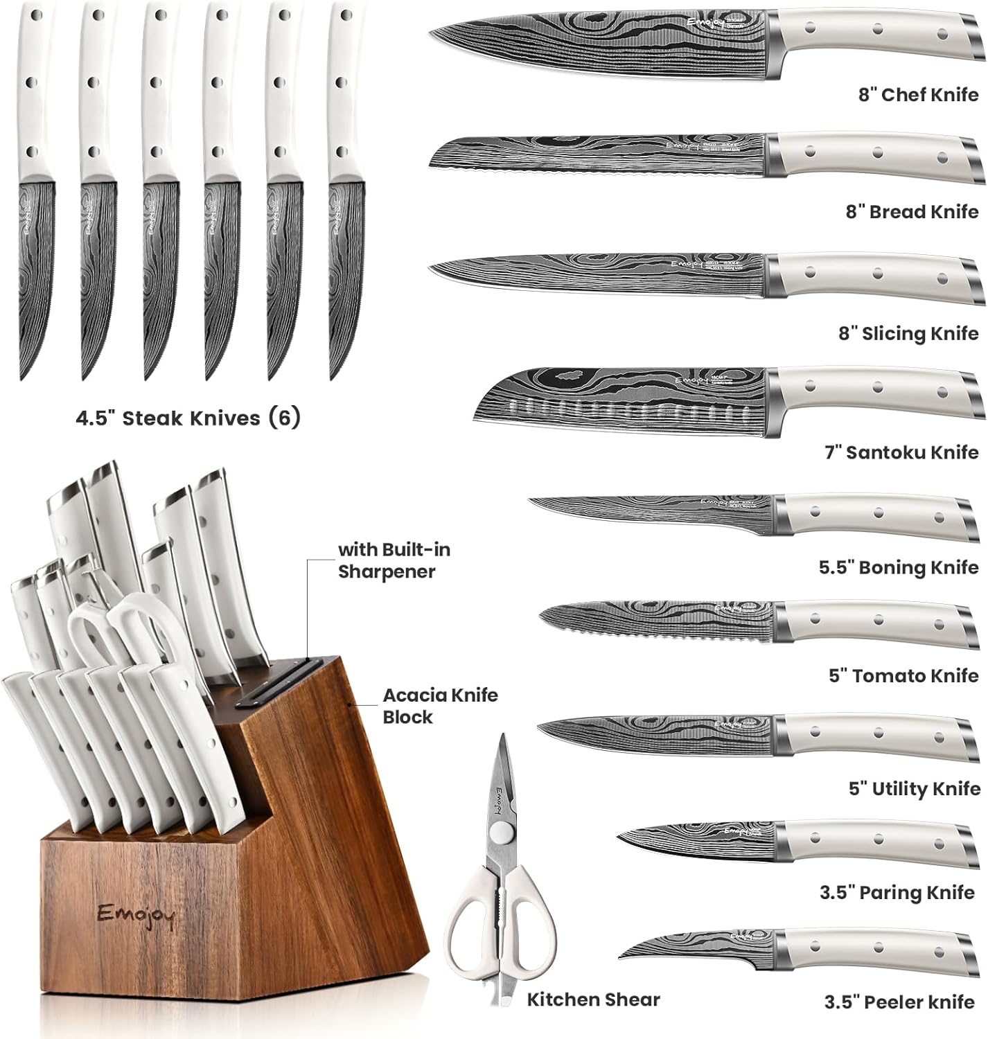 Knife Set, Emojoy 18-Pieces Kitchen Knife Set With Wooden Block, German Stainless Steel Knife Block Set With Built-In Sharpener, Professional Sharp Knives Set for Kitchen,White