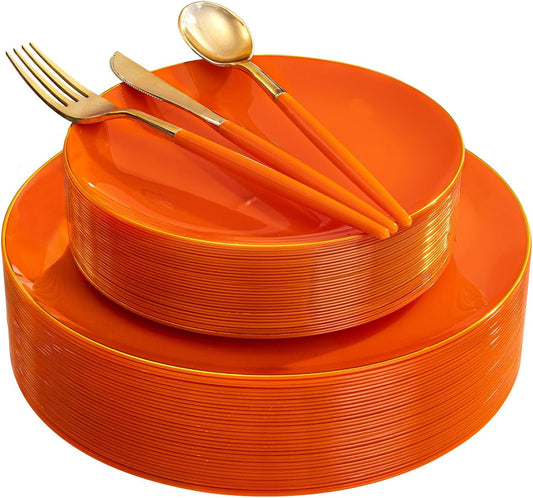 DaYammi 150Pcs Orange Plastic Plates & Gold Cutlery with Orange Handle,Thanksgiving Disposable Plates Set Include 30 Dinner Plate, 30 Dessert Plate,30 Knives,30 Forks,30 Spoons for Thanksgiving Party