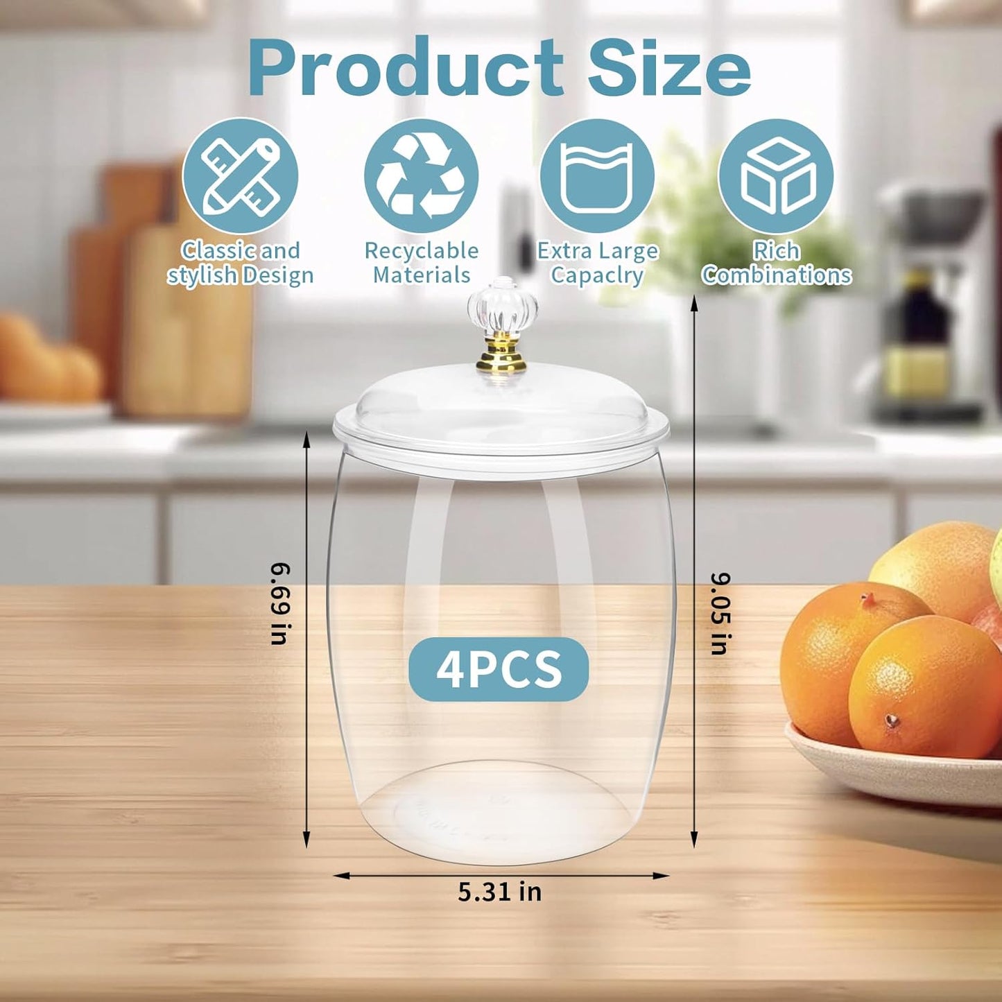 4 Pack 64 Oz Plastic Candy Jar with Lids, Airtight Clear Cookie Storage Containers, Leakproof Apothecary Style Kitchen Organization for Home, Wedding, Pantry & Bathroom Decor