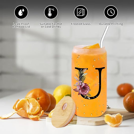 Monogrammed Glass Drinking Cup With Lid Straw Gift Auntie Titi Son Girlfriend Brother Work Police Wife Bachelorette College Students Cowgirl Soul Best Sister Ever Work Young Adult Tomboy Lesbian,U