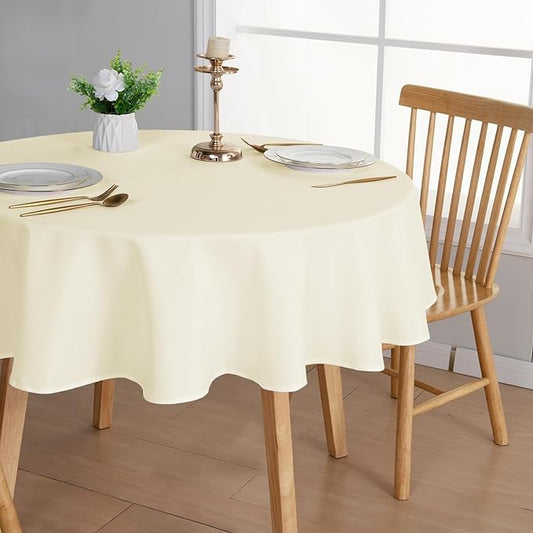 JIUZHEN Round Table Cloth Faux Linen Farmhouse Tablecloth Wrinkle and Stain Resistant Decorative Fabric Table Cover for Kitchen, Dining Room, Parties and Camping, Champagne, 90 Inch Round