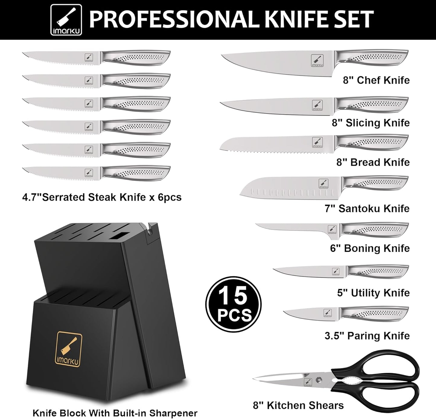 imarku® Kitchen Knife Set, 15 Pcs Japanese Knife Set with Block, Premium Razor-Sharp Chef Knives Set for Kitchen with Sharpener, Rust-Proof, Ergonomic Full-Tang Handle, Black