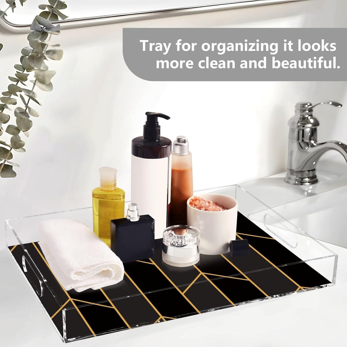 Acrylic Serving Tray with Handles Spill Proof Kitchen Storage Tray Clear Decorative Tray Makeup Drawer Organizer Storage Tray for Bathroom Living Room Ottoman 15.7x11.8Inches