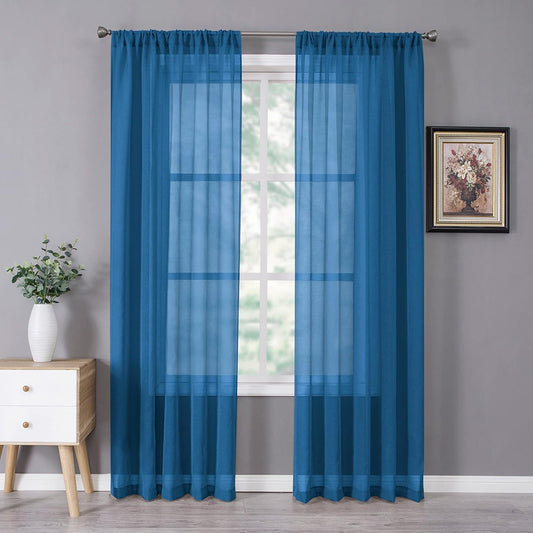 Tollpiz Sheer Curtains Linen Textured Bedroom Curtain Sheers Light Filtering Rod Pocket Voile Curtains for Living Room, 54 x 84 inches Long, Classic Blue, Set of 2 Panels