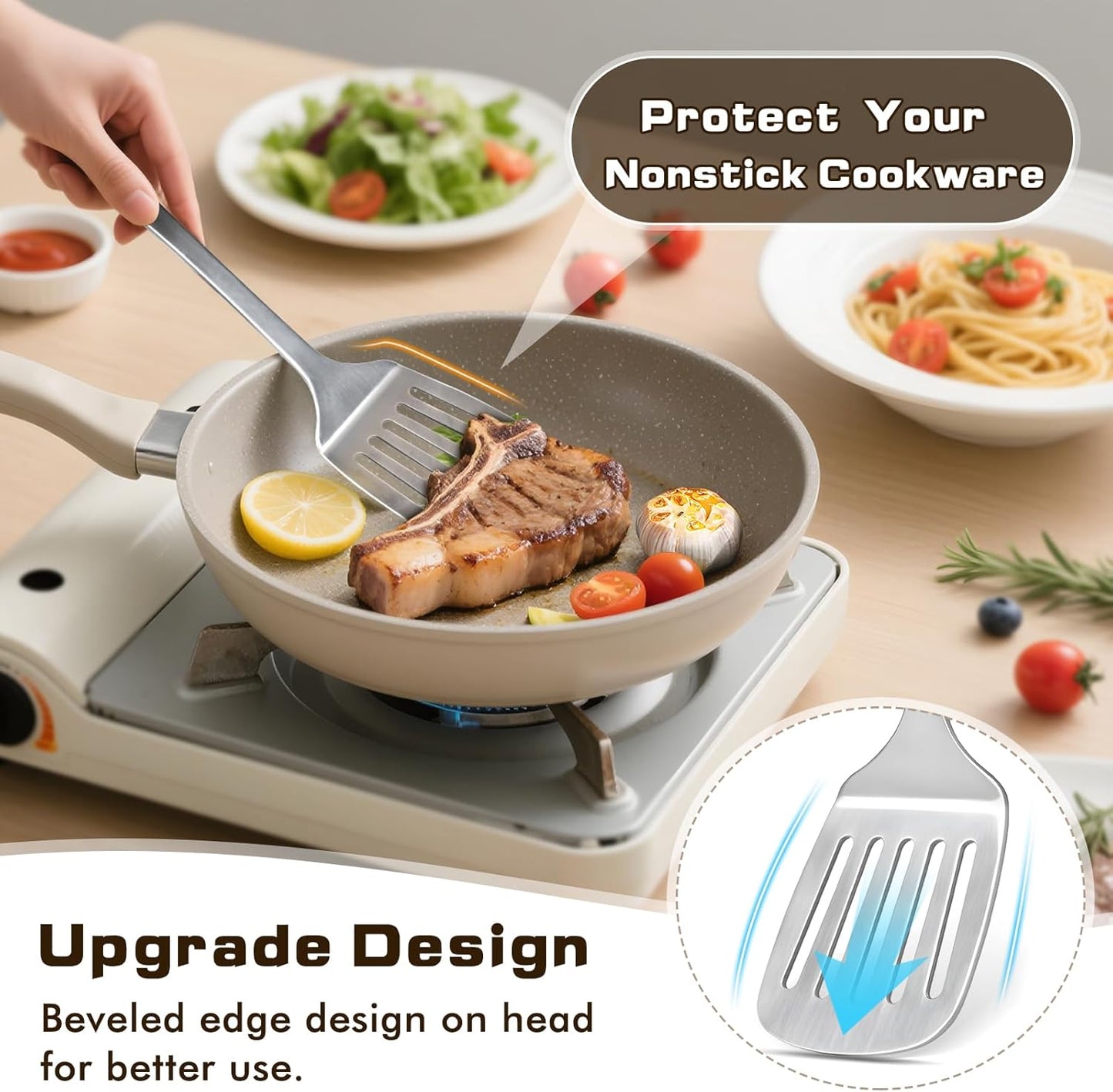 4 Pcs Cooking Utensils Set, Stainless Steel Kitchen Utensils, Heat Resistant Metal Kitchen Tools Include Solid & Slotted Turner Wok Spatula, Serving Spoon, Ergonomic Handle, Easy to Clean, Silver