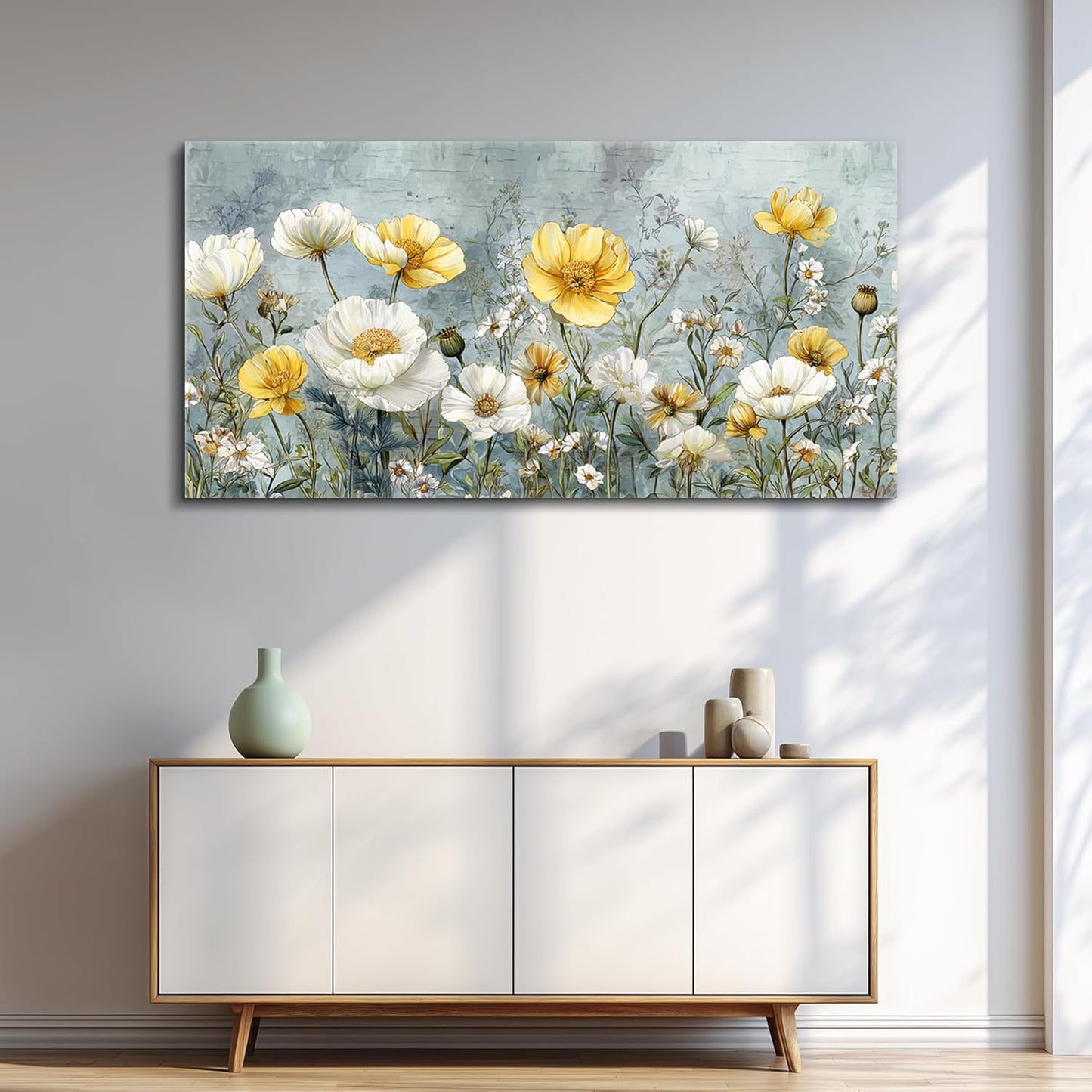 QIYILEXWART Canvas Wall Art For Living Room Wall Decor For Bedroom Office Wall Decoration Yellow White Flowers Landscape Painting Farmhouse Pictures Artwork Room Aesthetic Home Decor 20x40 In