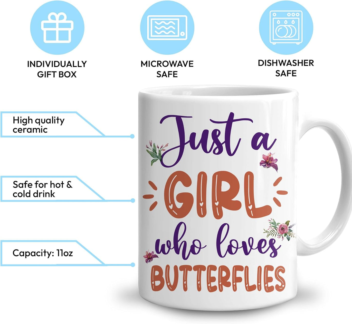 Hyturtle Personalized Gifts Butterfly Lover - Just A Girl Who Loves Butterflies Custom Name Ceramic Coffee Mug Cup 11oz - Idea Cute Animal Lover Gifts For Women, Girl Daughter On Birthday, Christmas