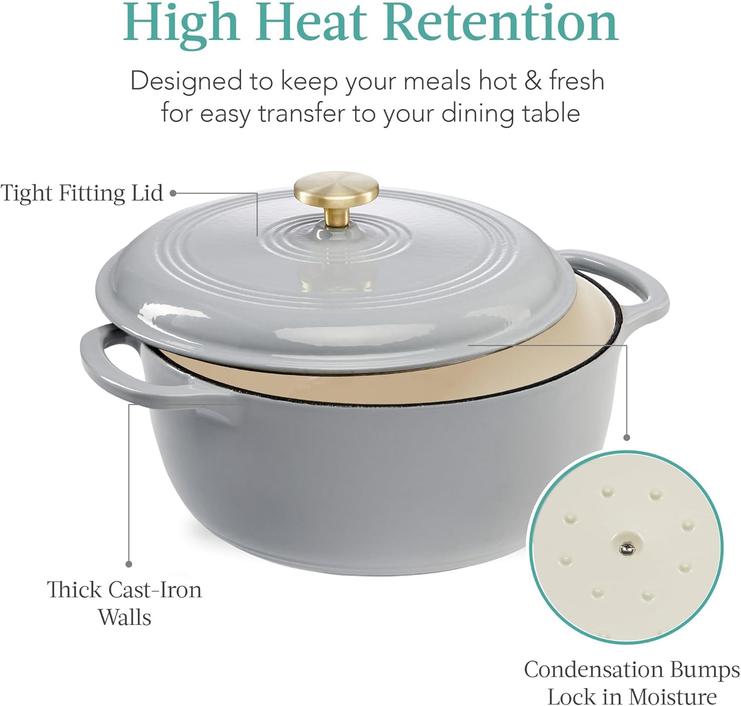 Best Choice Products 6 Quart Enamel Cast-Iron Round Dutch Oven, Family Style Heavy-Duty Pre-Seasoned Cookware for Home, Kitchen, Dining Room, Oven Safe w/Lid, Dual Handles - French Gray